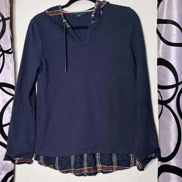 Tommy Hilfiger Womens Layered Plaid Comfy Hoodie Navy Blue Size Small - Picture 2 of 11